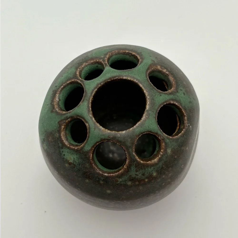 Vintage Signed Handcrafted Pottery Green and Brown Glaze Flower Frog/Vase